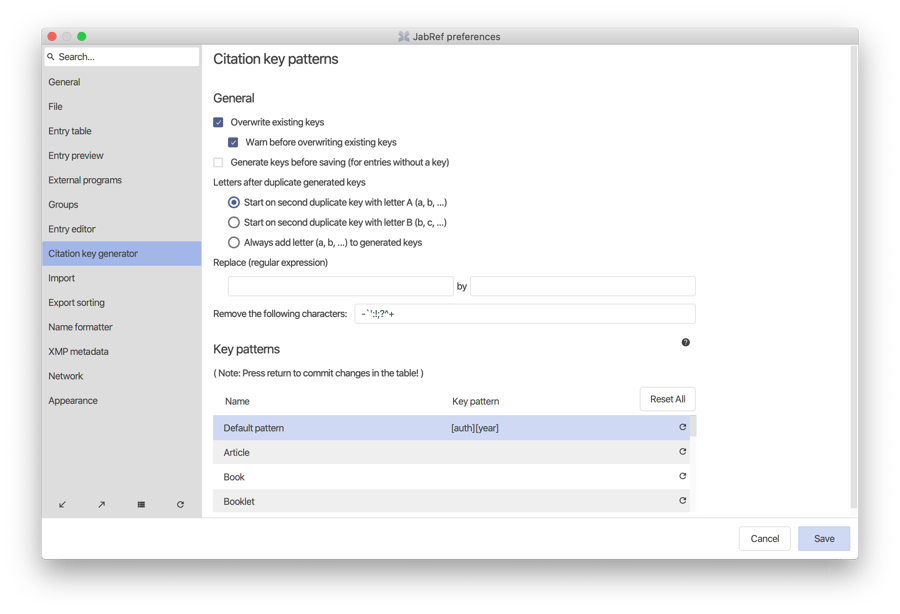 Citation key generator preferences