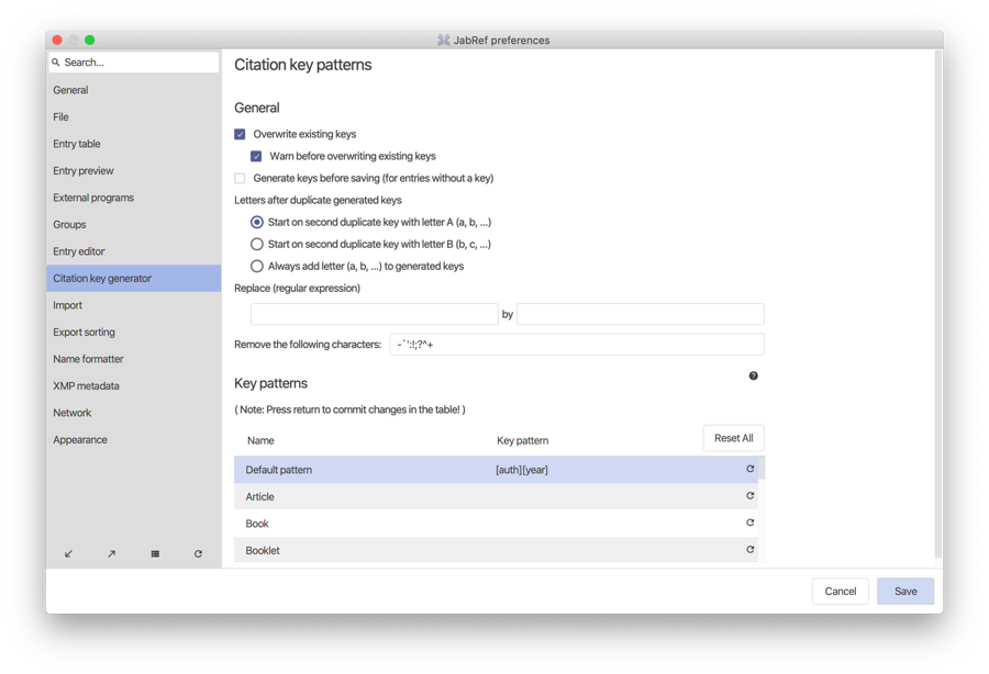 Citation key generator preferences