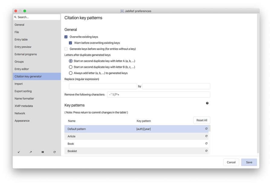 Citation key generator preferences