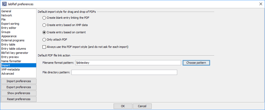 Preferences - Import - Choose pattern
