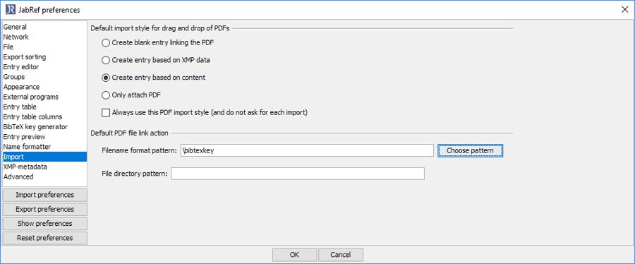 Preferences - Import - Choose pattern